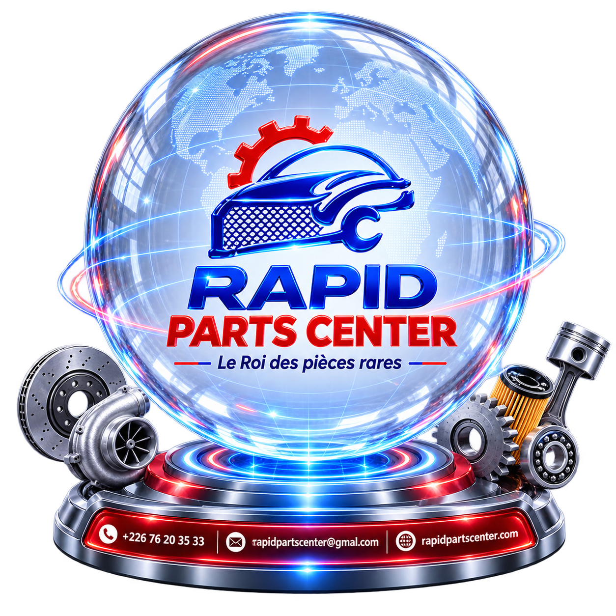 Globe transparent Rapid Parts Center avec pièces automobiles
